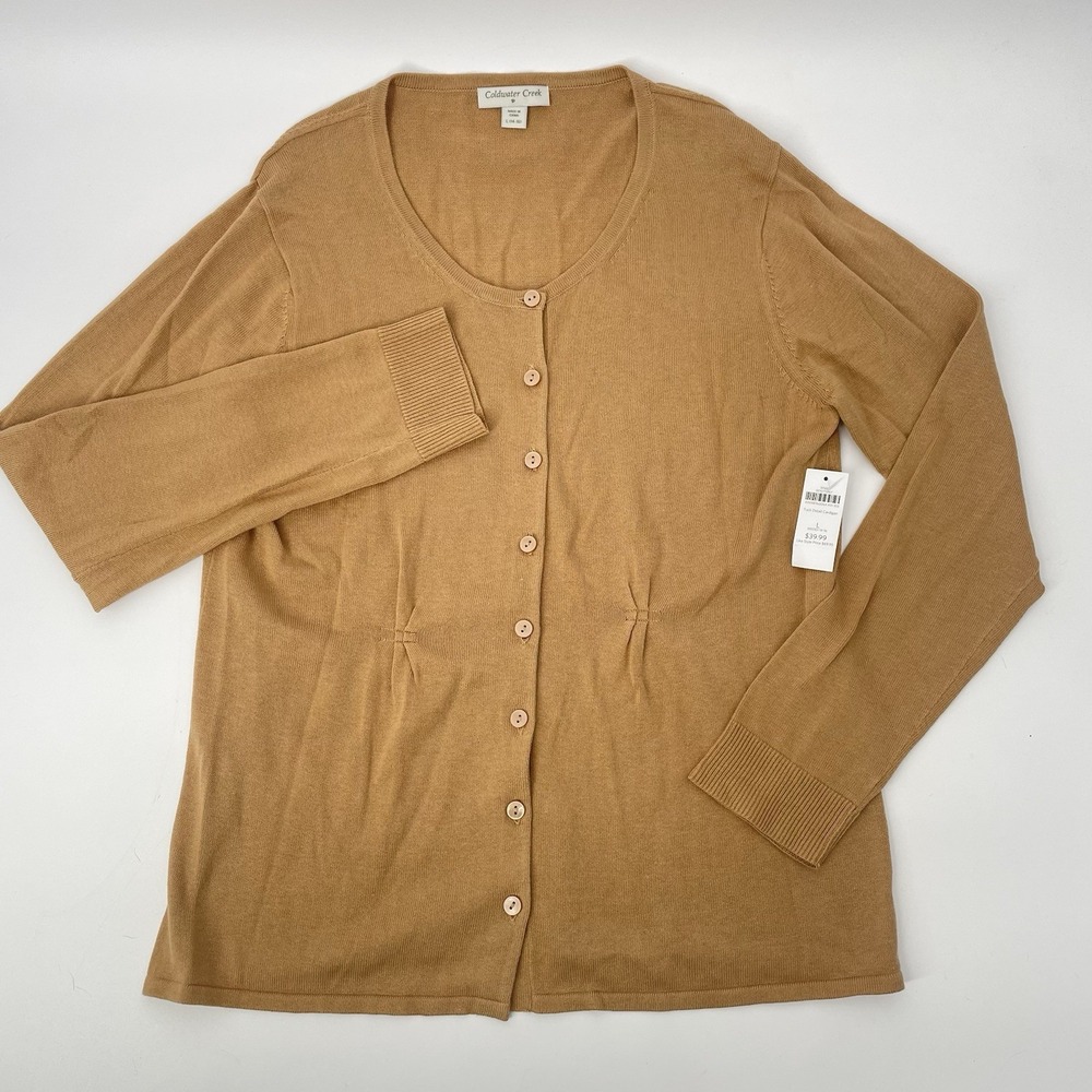 NWT Coldwater Creek Tuck Detail Button Front Knit Cardigan Large Mustard Yellow